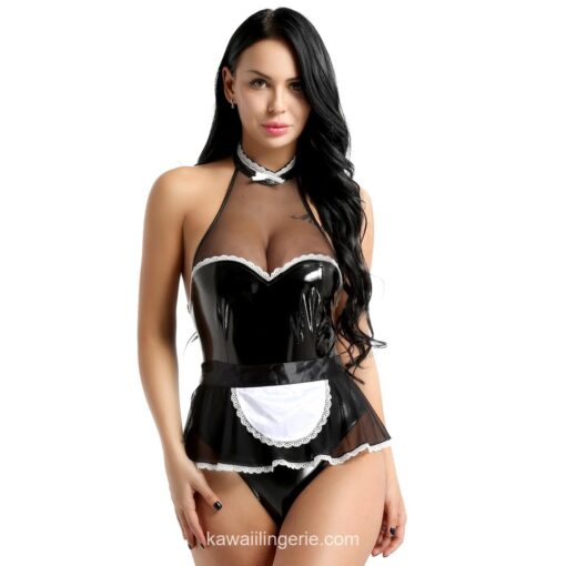 Kinky Leather Cosplay Halter Jumpsuit with Apron Maid Lingerie 7