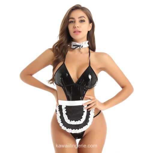 Fetish Bodysuit with Apron and Choker Maid Lingerie 8