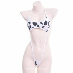 Kawaii Black White Cow Print Mini Backless One Piece Micro Bikini Anime Lingerie 2