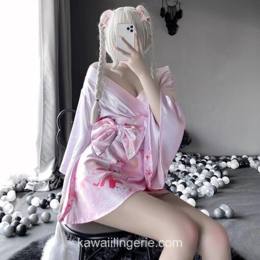 Adorable 3Pcs Japanese Kimono Soft Silk Bow Pajamas Anime Lingerie 1