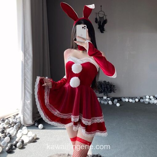 Sweet Santa Lace Dress Plush Red Cosplay Lingerie 3