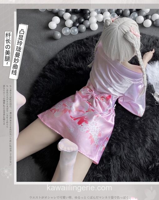 Adorable 3Pcs Japanese Kimono Soft Silk Bow Pajamas Anime Lingerie 11