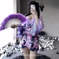 Adorable 3Pcs Japanese Kimono Soft Silk Bow Pajamas Anime Lingerie 2