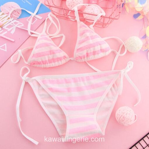 2PCS W Cute Sexy Lingerie Kawaii Striped Triangle Bikini 3